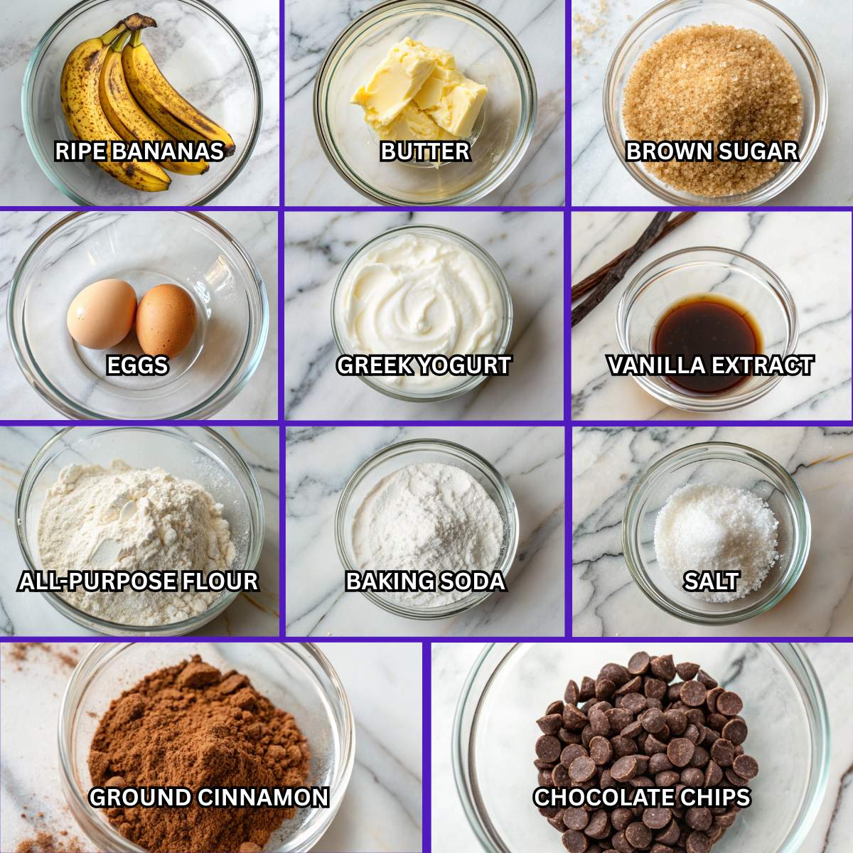 Fresh ingredients for chocolate chip banana bread including ripe bananas, butter, brown sugar, eggs, flour, yogurt, and chocolate chips.