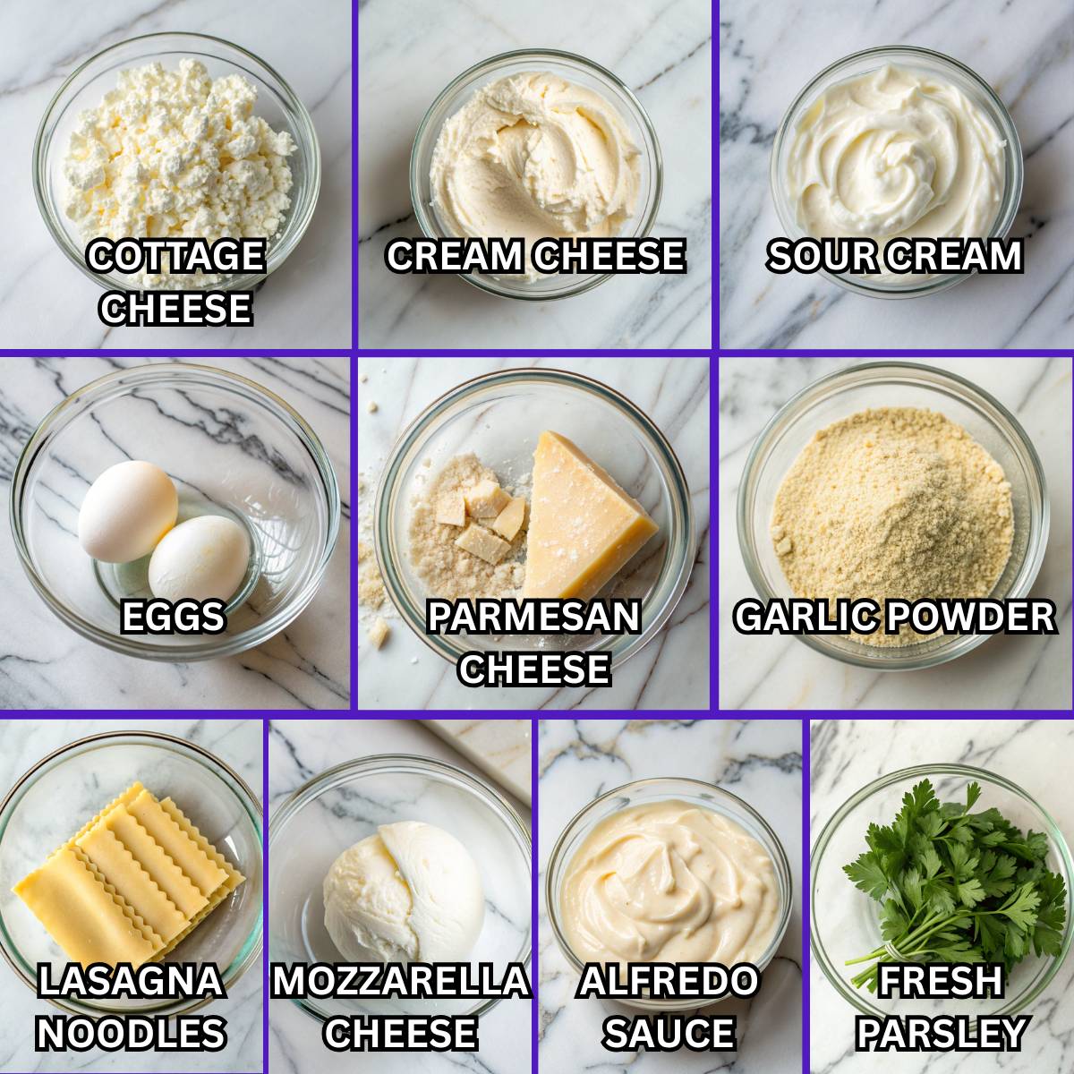 Creamy cheese filling ingredients for million dollar lasagna including cottage cheese, cream cheese, sour cream, eggs, mozzarella, and noodles.