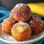 Easy 2-ingredient banana donut holes coated in cinnamon sugar, showing golden crispy exterior and soft fluffy banana center.