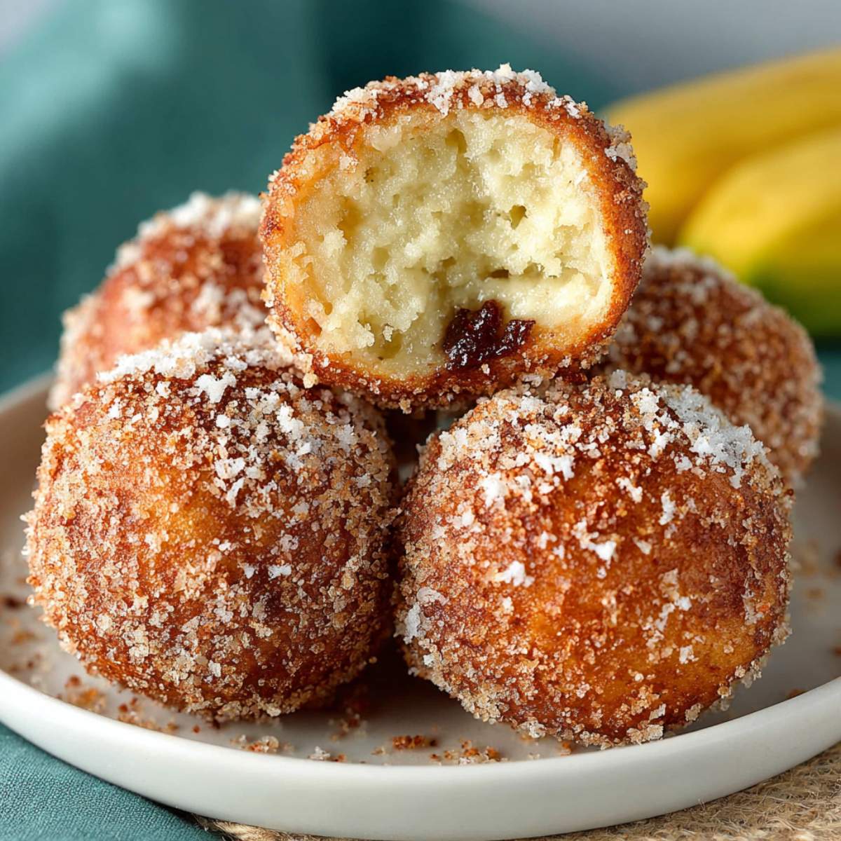 Close-up of easy 2-ingredient banana donut holes showing fluffy banana interior and golden cinnamon sugar coating on a plate.
