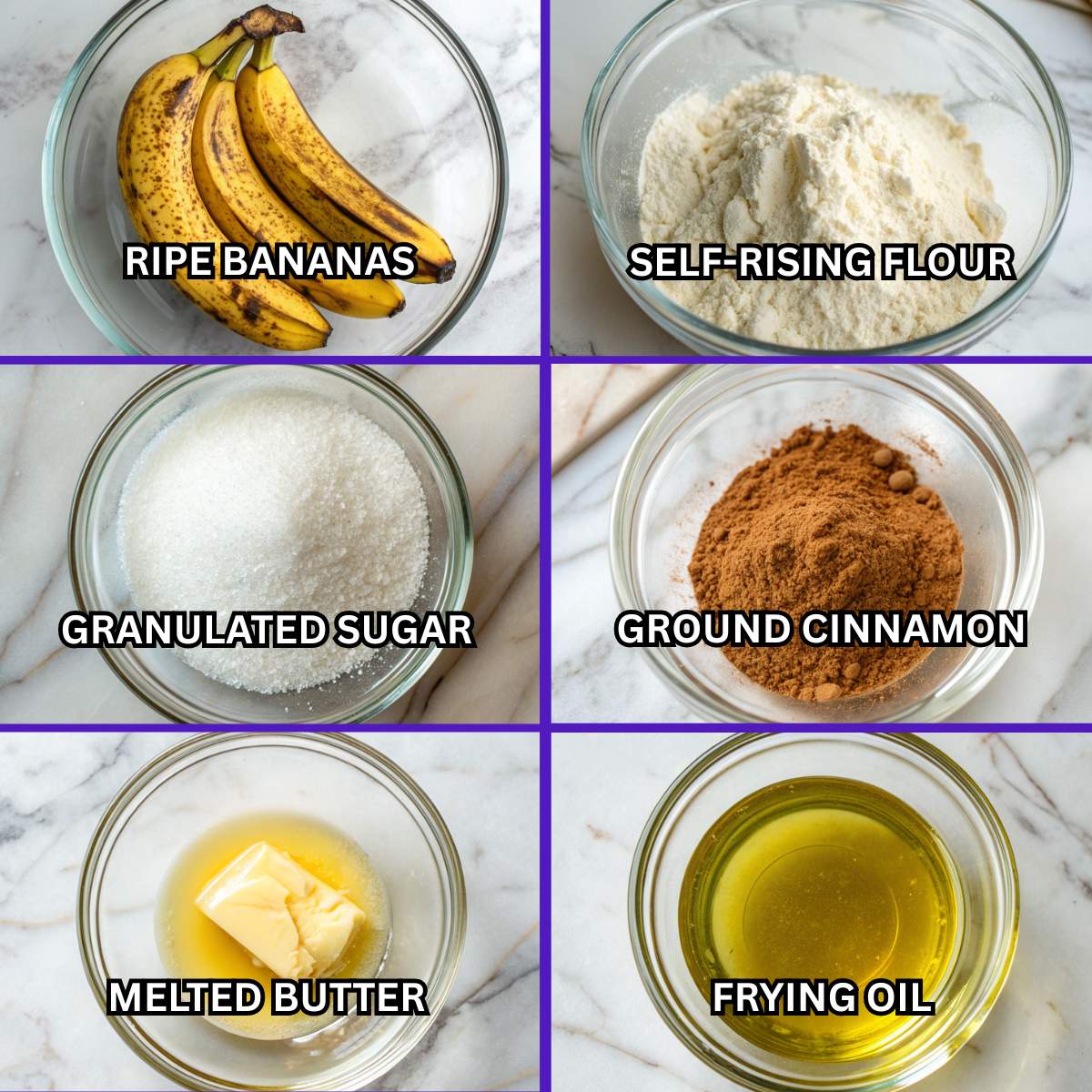Ingredients for 2-ingredient banana donut holes including ripe bananas, self-rising flour, sugar, cinnamon, butter, and oil.