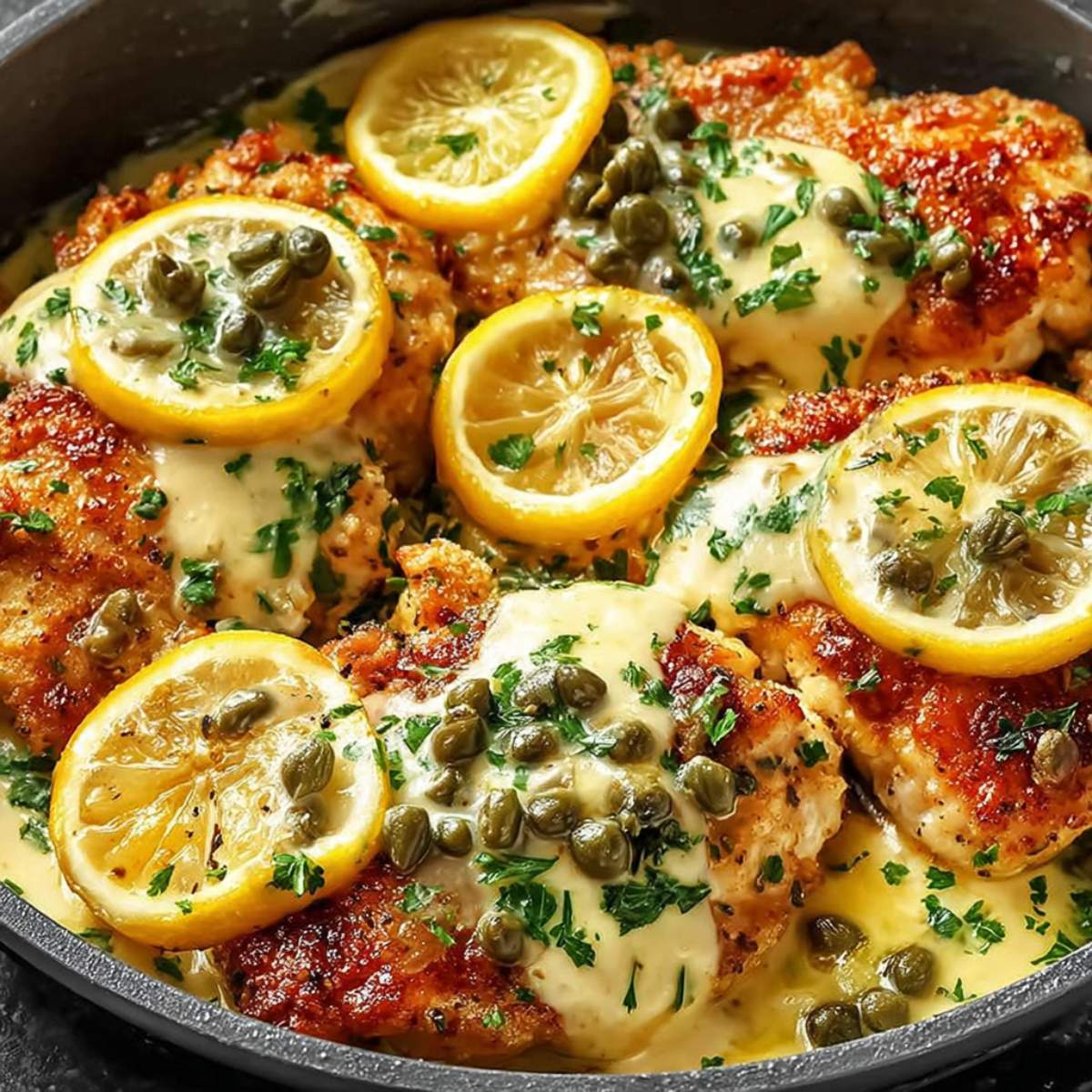 Mediterranean Style Chicken Piccata in a skillet with lemon slices, briny capers, and golden chicken cutlets in lemon butter sauce.