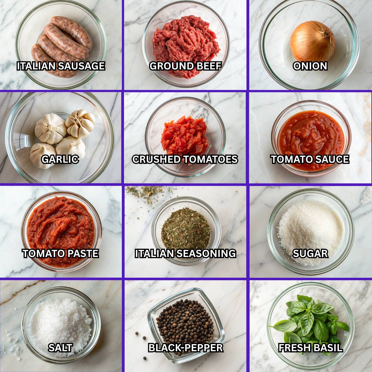 Italian sausage meat sauce ingredients including ground beef, onion, garlic, crushed tomatoes, tomato paste, basil, and seasonings.
