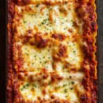 Million Dollar Lasagna baked in a pan, showcasing golden bubbly cheese layers, rich meat sauce edges, and fresh parsley garnish.