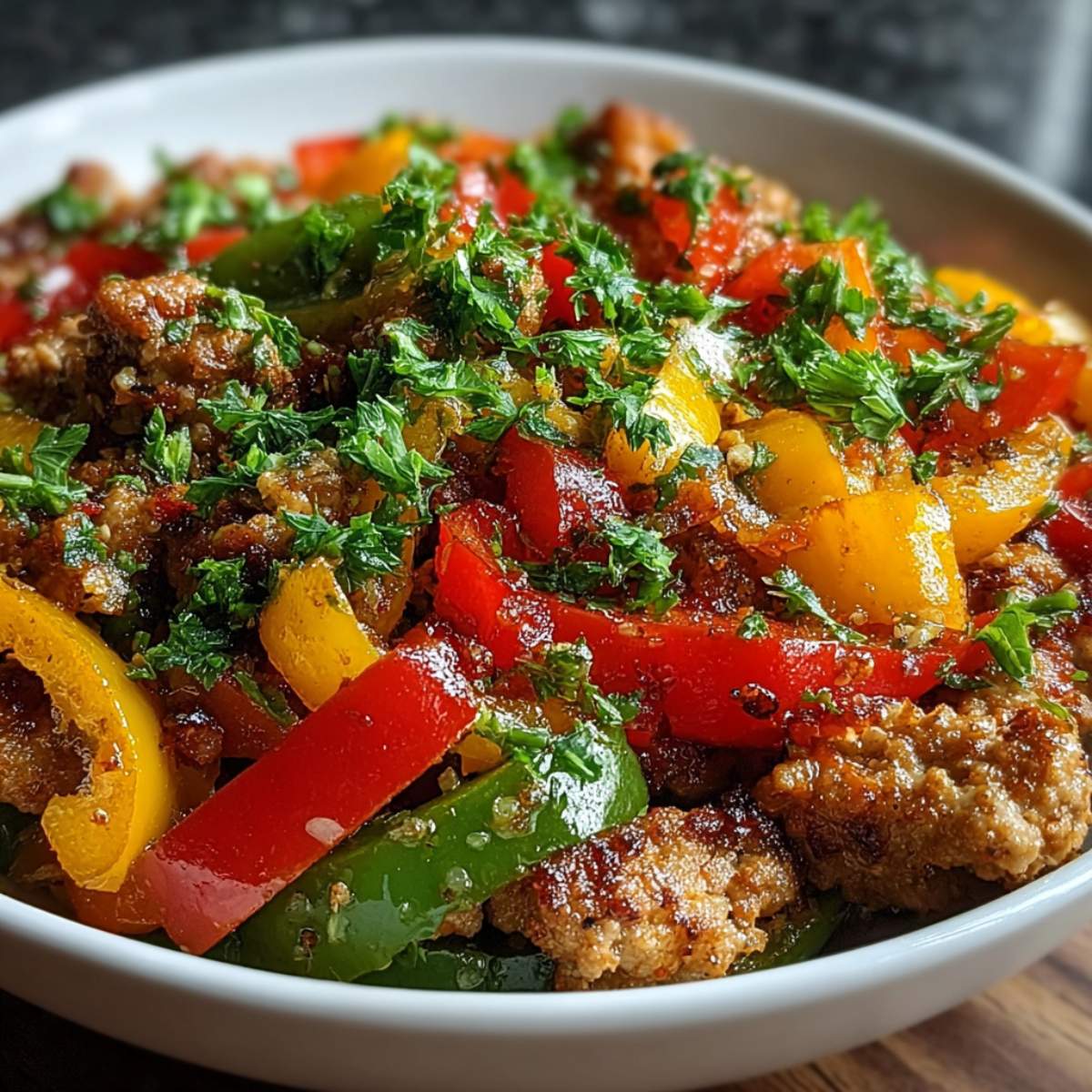 Simple ground turkey and peppers in a white bowl, featuring sautéed bell peppers, seasoned turkey, and fresh herbs on top.