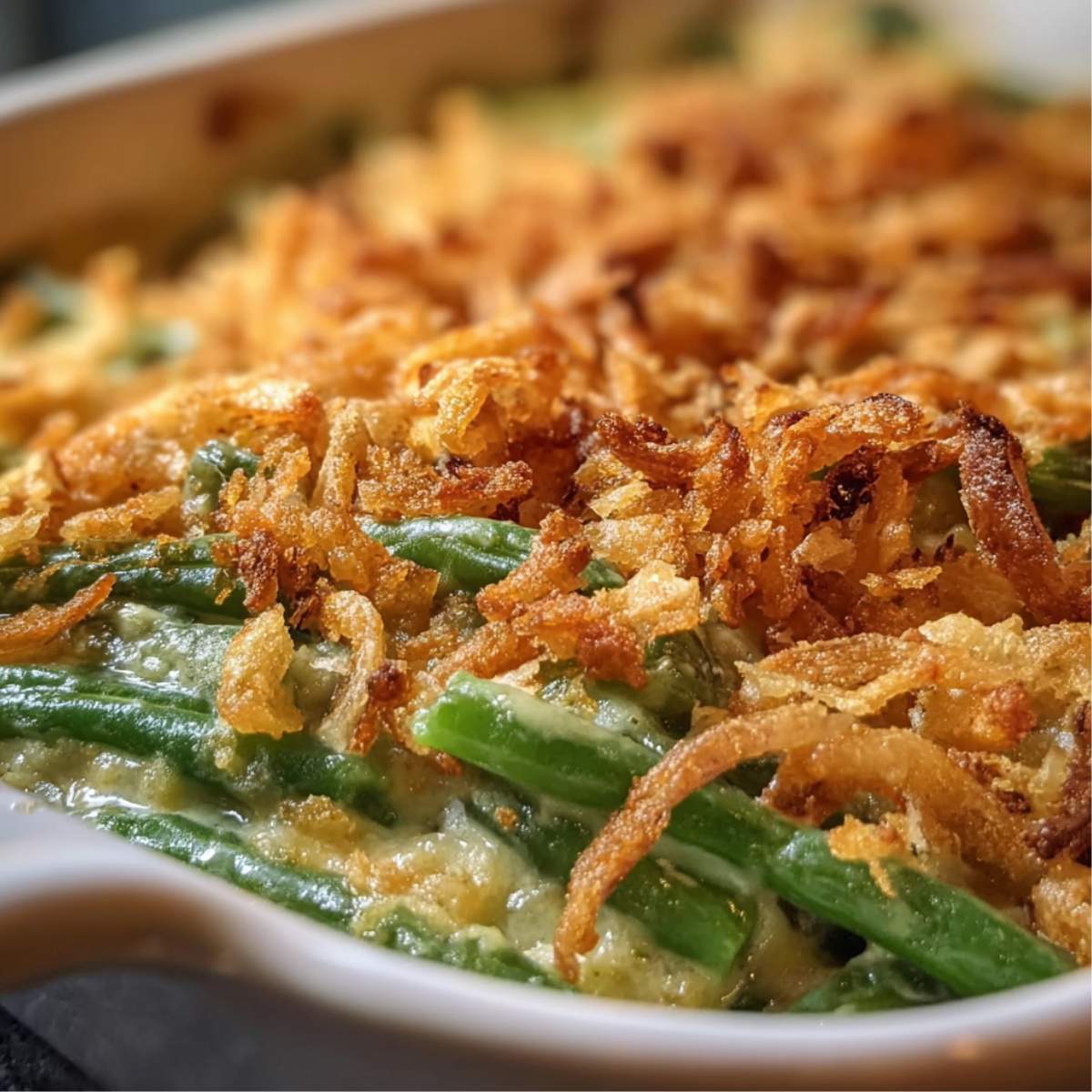Close-up of Southern green bean casserole showing tender green beans in creamy sauce topped with crispy golden fried onions.