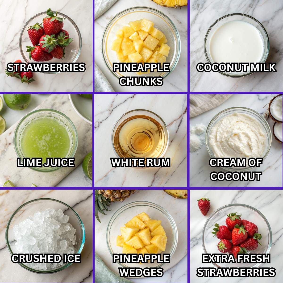Fresh ingredients for strawberry piña colada including strawberries, pineapple chunks, coconut milk, lime juice, rum, and crushed ice.