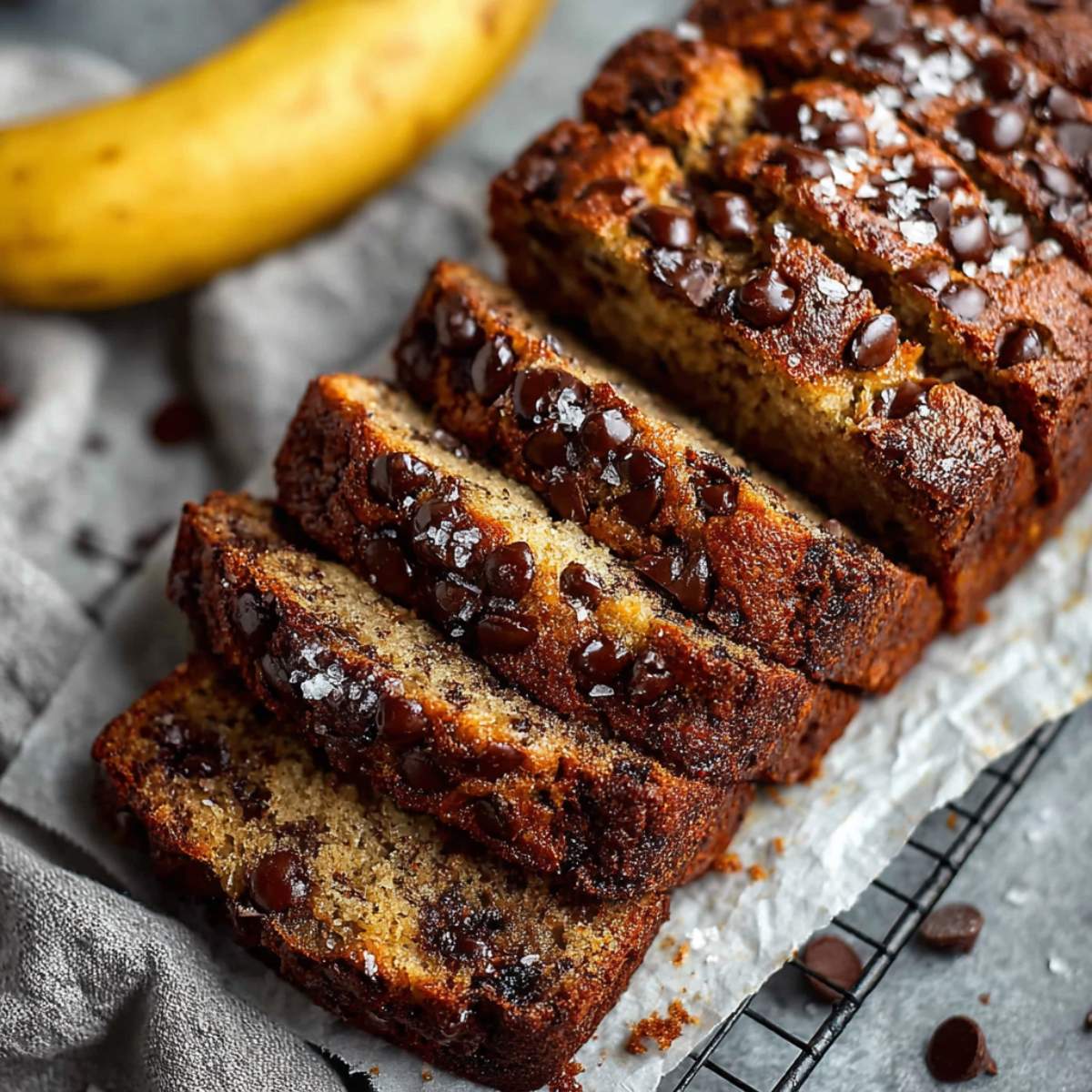 World’s Best Chocolate Chip Banana Bread sliced on parchment paper, showcasing moist crumb, melted chocolate chips, and golden crust.